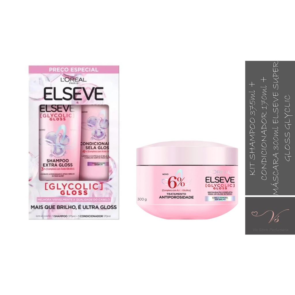 Kit Elseve Glycolic Gloss Shampoo 375ml + Condicionador 170ml + Máscara de Tratamento 300g