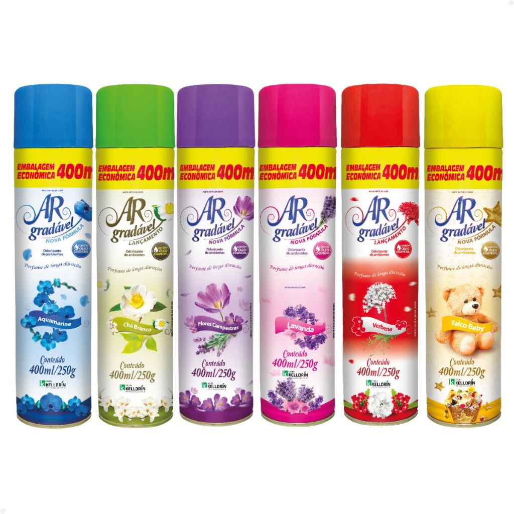 Kit 3 ou 6 Spray Ar Gradável Odorizador de Banheiro Kelldrin 400ml Bom Ar para sua Casa