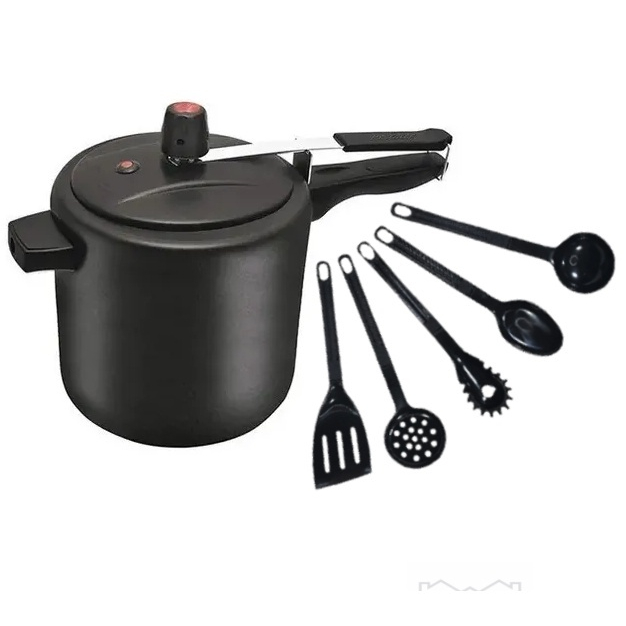 Panela De Pressão 7,0 Lts Preta Antiaderente Teflon 5 Camadas Interna e Externa Com 5 Utensílios de Nylon