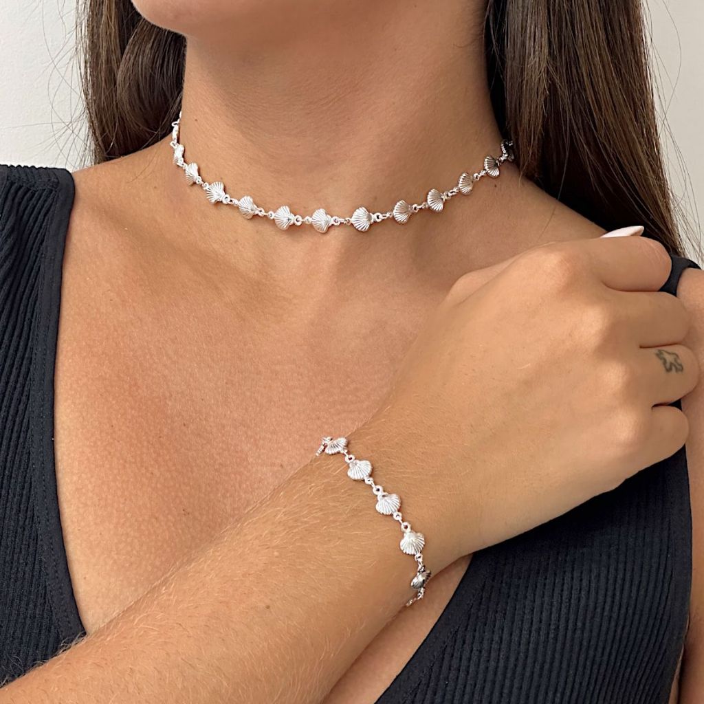 Kit Choker e Pulseira Conchinhas do Mar a prata 925 antialérgico em Oferta na Shopee