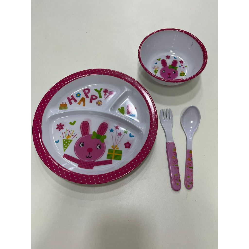 Kit Alimentação Papinha Infantil 4 Peças Decorado Prato Tigela Colher Garfo