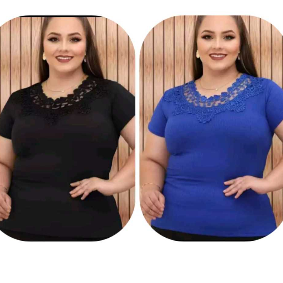 kit  blusa plus size feminina   detalhe de renda na gola.