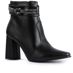 Bota Feminina Lumiss Strass Salto Alto Grosso Bico Fino Confortável Cano Curto