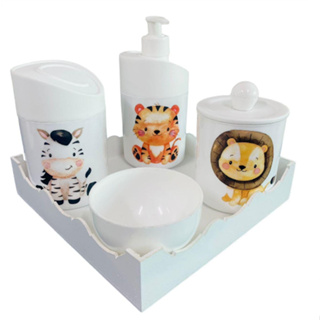 Kit Higiene Bebê Leão, zebra, tigre c/Bandeja Quadrada Branca em Oferta na Shopee