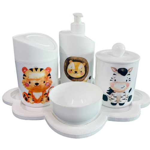 Kit Higiene Bebê (Leão, zebra, tigre) c/Bandeja Nuvem Branca