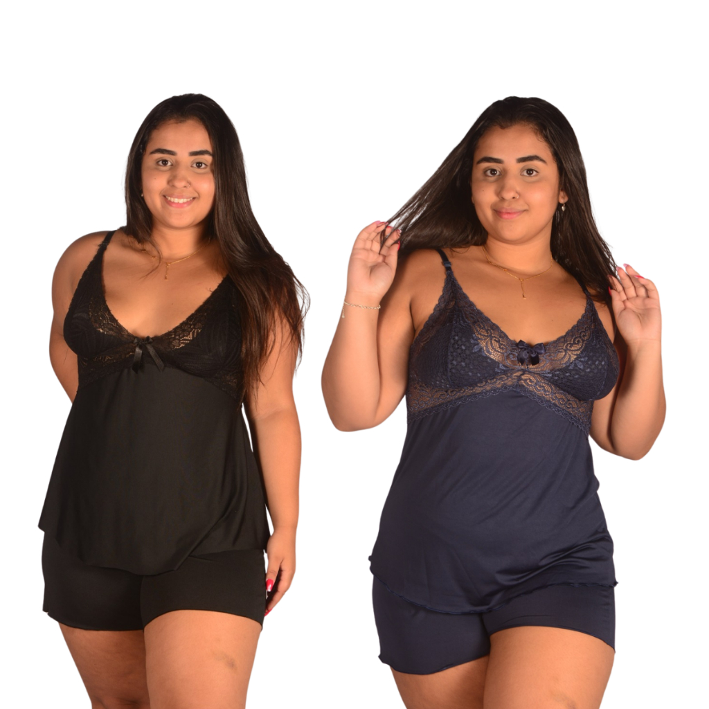 Kit 2 Baby Doll Plus Size com Renda sem Bojo - Pijama Conjunto Roupa De Dormir Feminina Adulto Sensual Rendado Verão Curto Luxo Sexy Feminino Confortável Senhora Calor Short Dool e Blusa Para Seios Grandes