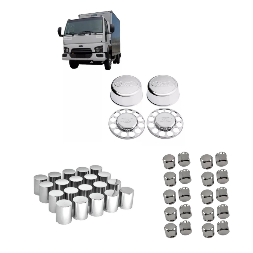 Kit Tampa Aplique Cromado Cubo Caminhão Ford Cargo 3/4 815 816 712 Dianteiro + Traseiro + Capa Porca