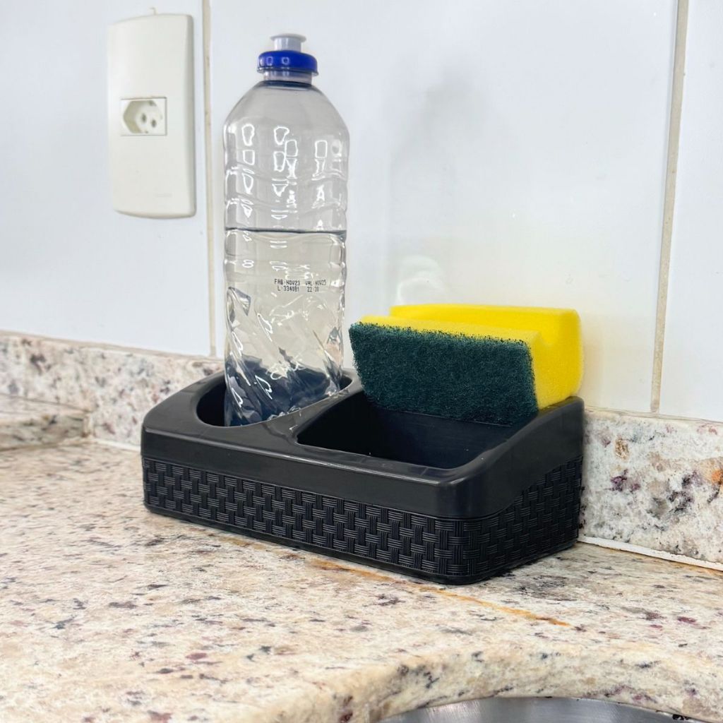 Porta Detergente, Esponja e Sabão Rattan Preto com Base
