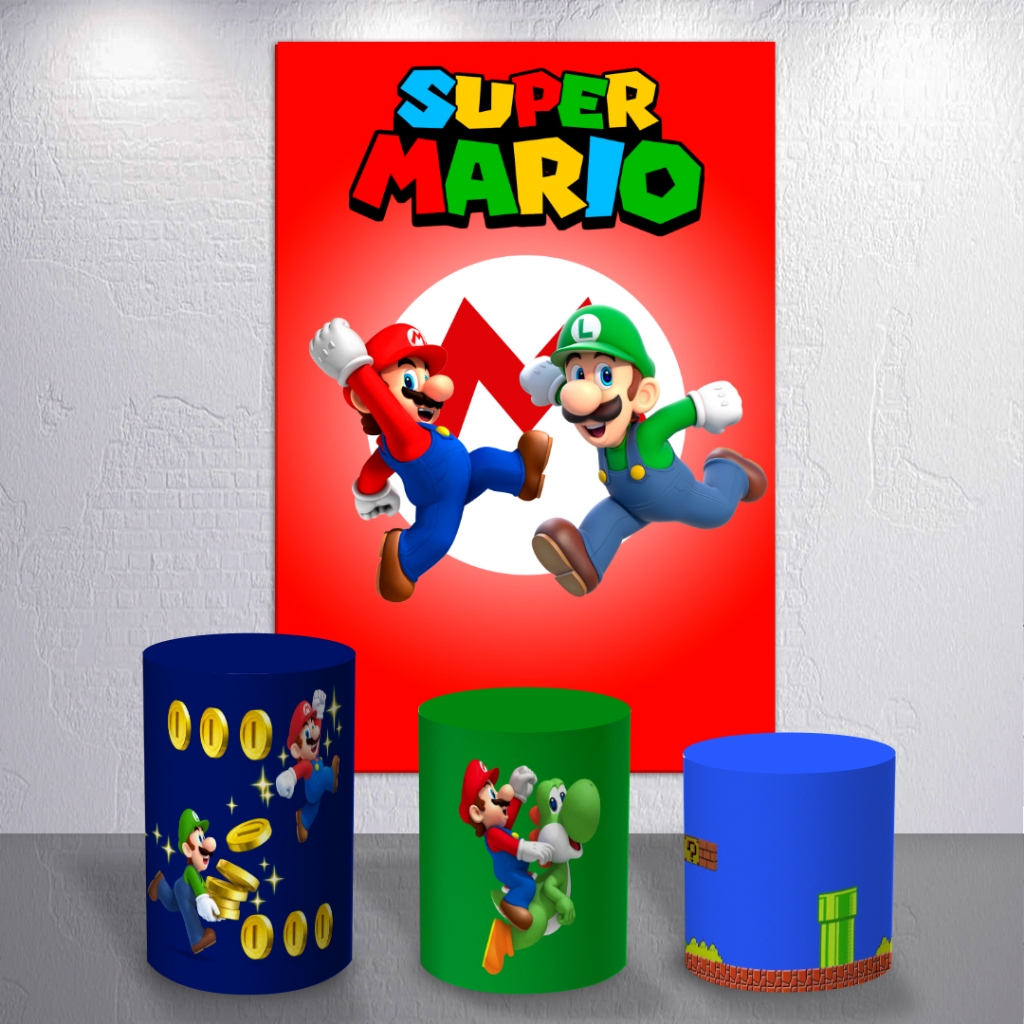 Capas Sublimadas Game Mario Lui Para Festa Infantil Painel Redondo Tema Menino Trio Decoração Cilindros