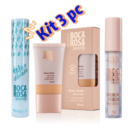 KIT 3 Pecas Boca Rosa Beuty Base + Mascara Para Cilios e Corretivo ( Escolha a cor do seu ...