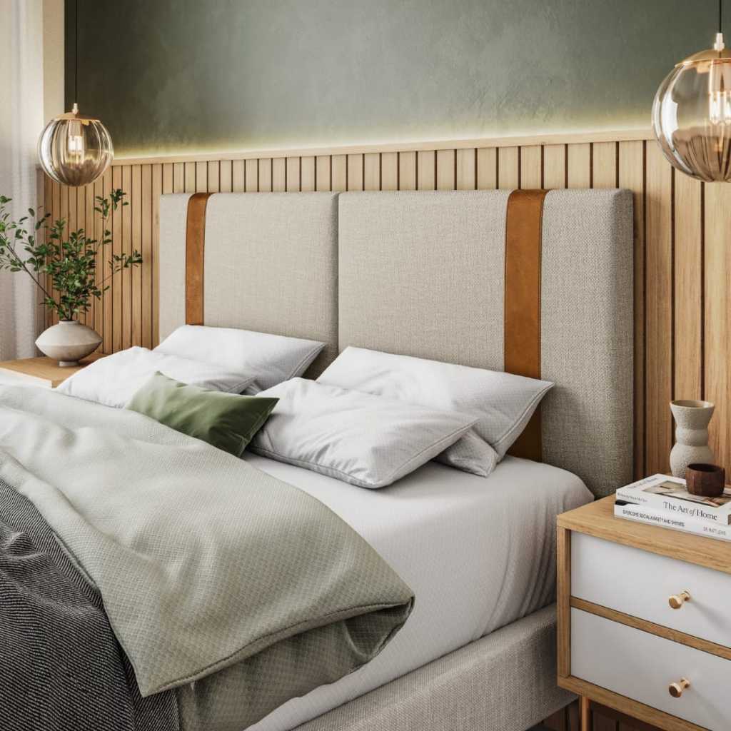 Cabeceira De Cama Ártemis 1,40x0,55 Linho Bege e Couro sintético Caramelo