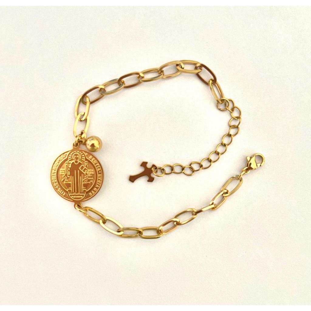 Pulseira Medalha de São Bento Aço Inox 316L Cor Dourada - Pronta Entrega em Oferta na Shopee