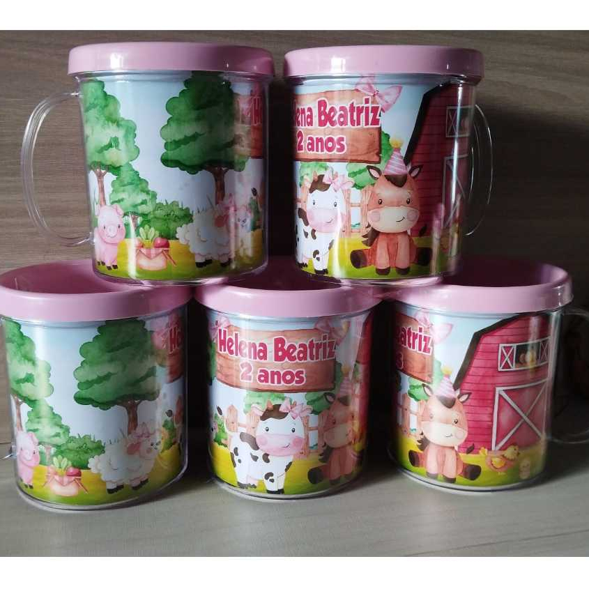 10 caneca acrílica personalizada para festa infantil lembrancinha fazendinha animais aquarela