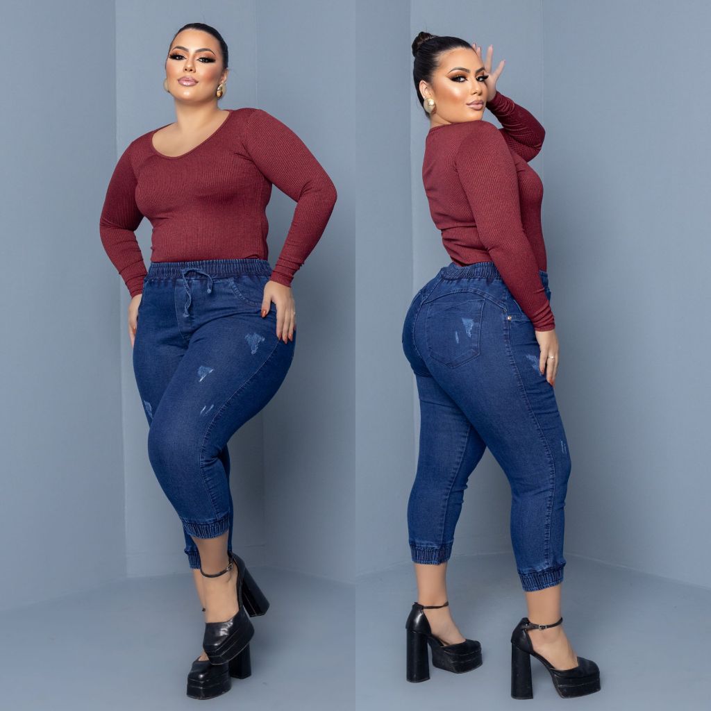 calça jeans elástica feminina plus size joguer cós alto modelo levanta bumbum qualidade premium em Oferta na Shopee