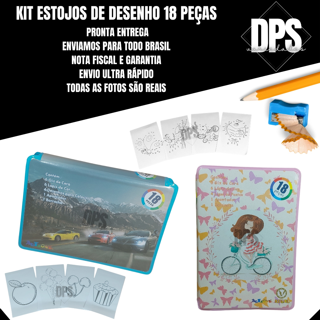 Detalhes do Kit 5 Maletas Estojo Escolar Pintura Infantil 18 Pçs Giz Lápis Desenhos Presente Lembrança