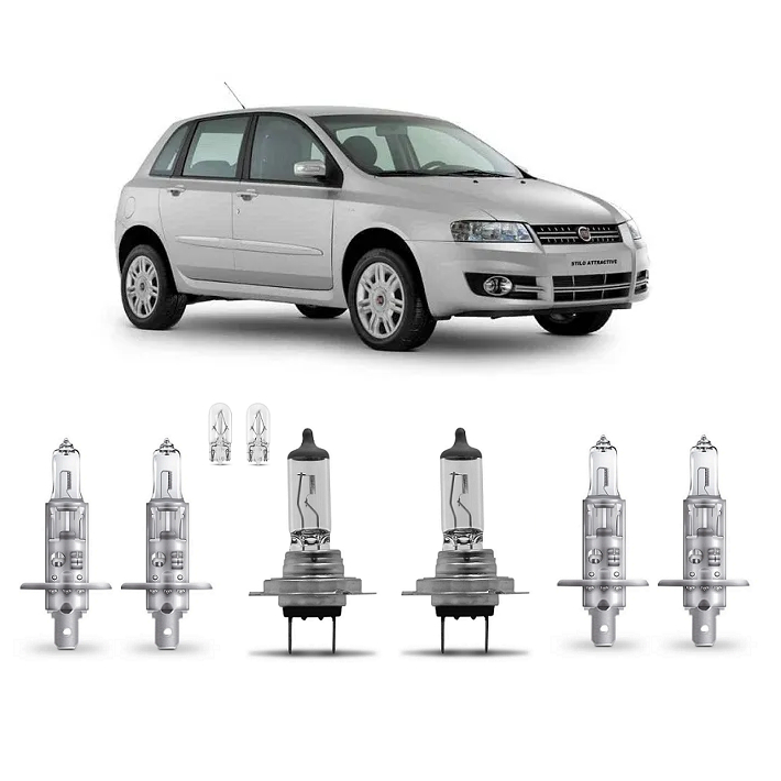 Kit 6 Lampada Farol e Milha Stilo 2003 2004 2005 2006 2007 2008 2009 2010 2011 2012 H1 H7 H1