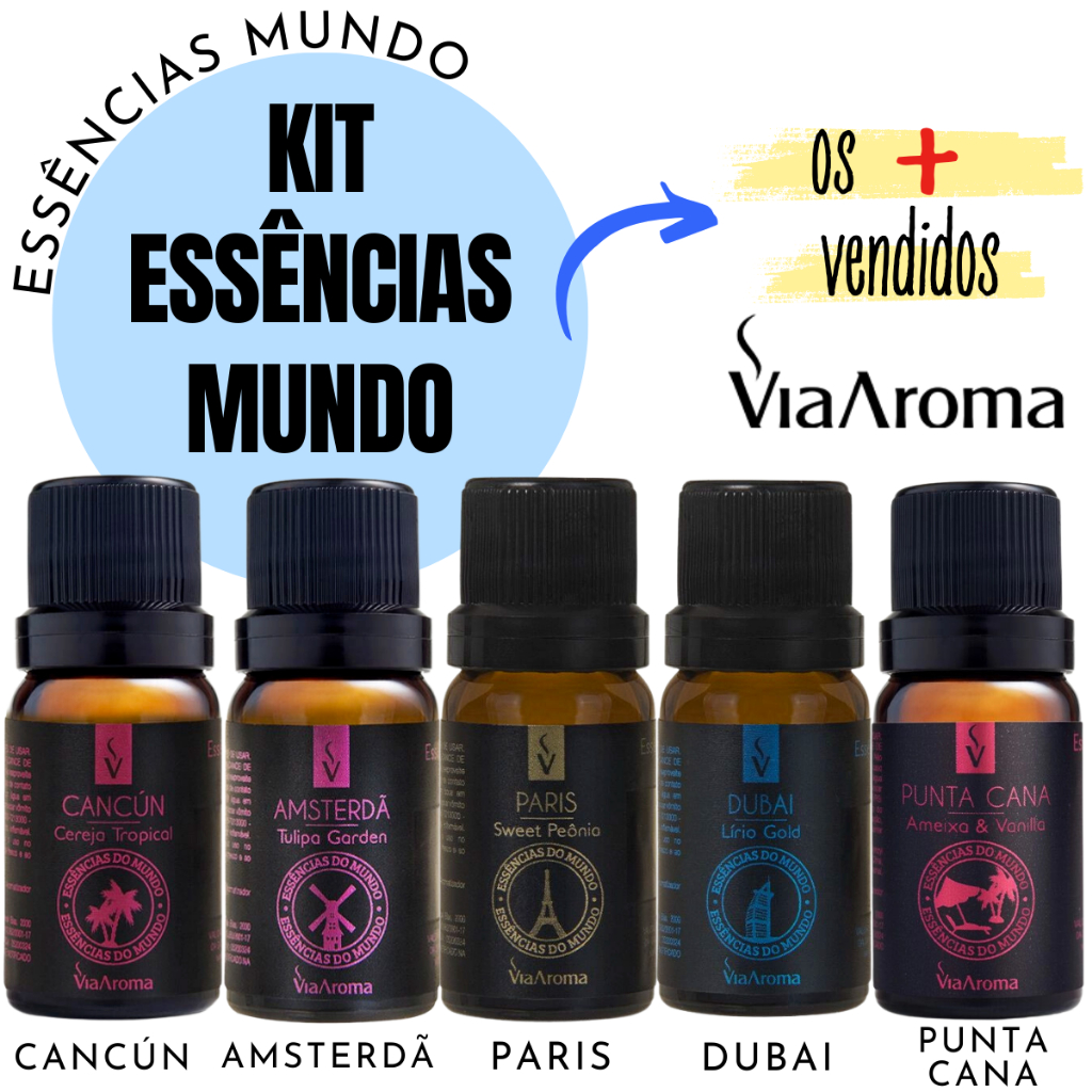 Kit Essências Mundo Via Aroma para Aromatizador de Ambiente Elétrico Aromaterapia 10ml