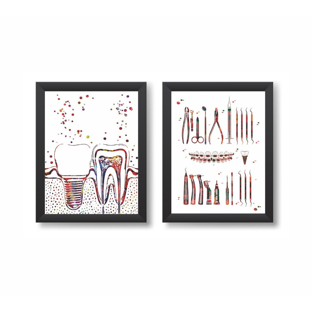 Kit 2 Quadros Decorativos Impante e Instrumental Odontologico Consultório Clínica Odontologia Molduras 20x30cm Madeira