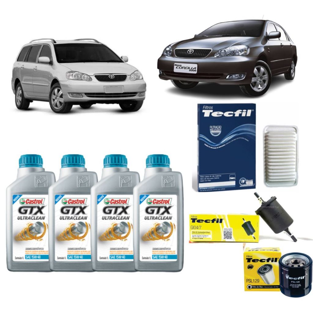 Kit Troca De Oleo e Filtros Corolla 1.6 1.8 Flex 15W40 Castrol revisão original Toyota 2003 2004 2005 2006 2007 2008 em Oferta na Shopee