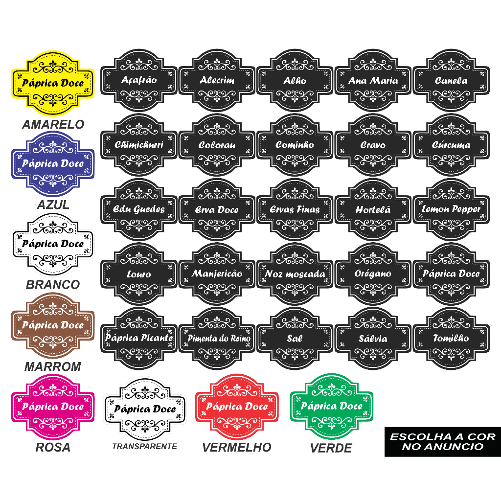 CARTELA TEMPERO 25 ETIQUETAS ADESIVO AUTO COLANTE ROTULO 5X4 CM A PROVA DE AGUA PARA POTES RECIPIENTE MANTIMENTOS CONDIMENTOS ORGANIZAÇÃO  E BELEZA PARA SUA COZINHA COR AMARELO AZUL PRETO MARROM ROSA VERDE VERMELHO TRANSPARENTE BRANCO
