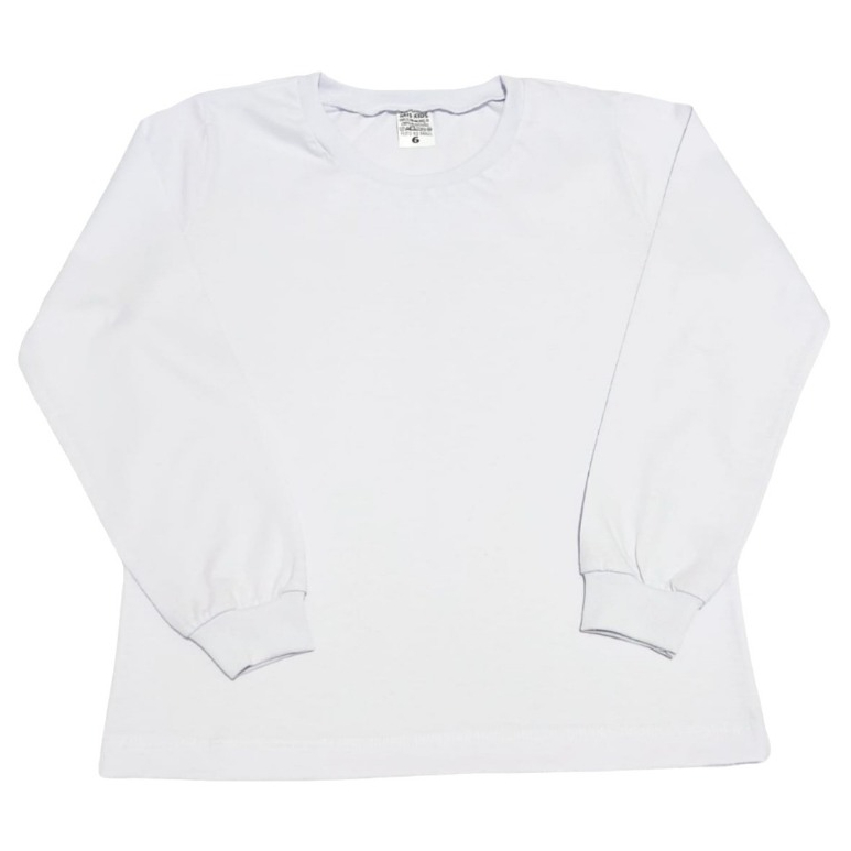 Camiseta Escolar Manga Longa Branca 100% Algodão - Tamanhos: 1, 2, 3, 4, 6, 8,10, 12 ,14 e 16.