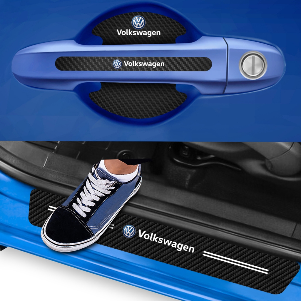 Kit 8 Soleira Maçaneta de Porta Carro Proteção Fibra de Carbono Anti Arranhões Compatível Volkswagen