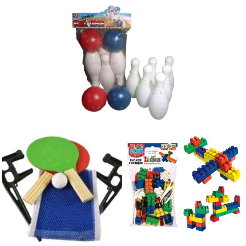 Kit 3 BRINQUEDOS SENDO REDE DE TENIS DE MESA E 2 RAQUETE  PING PONG+Mini Boliche Infantil 6 pinos 16 cm  e duas bolas+BLOCO DE MONTAR COM 30 UNIDADES