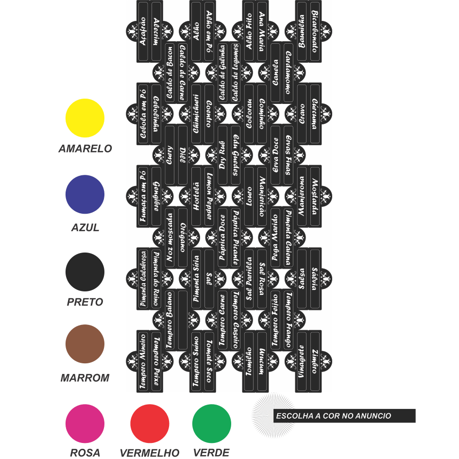 CARTELA TEMPERO 63 ETIQUETAS ADESIVO AUTO COLANTE ROTULO 6X2CM A PROVA DE AGUA PARA POTES RECIPIENTE MANTIMENTOS CONDIMENTOS ORGANIZAÇÃO  E BELEZA PARA SUA COZINHA COR AMARELO AZUL PRETO MARROM ROSA VERDE VERMELHO TRANSPARENTE BRANCO