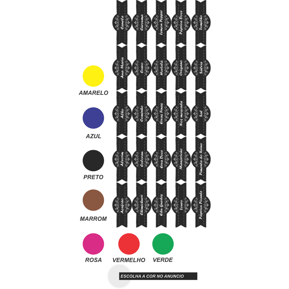 CARTELA TEMPERO 25 ETIQUETAS ADESIVO AUTO COLANTE ROTULO 6,5X2,5CM A PROVA DE AGUA PARA POTES RECIPIENTE MANTIMENTOS CONDIMENTOS ORGANIZAÇÃO  E BELEZA PARA SUA COZINHA COR AMARELO AZUL PRETO MARROM ROSA VERDE VERMELHO TRANSPARENTE BRANCO