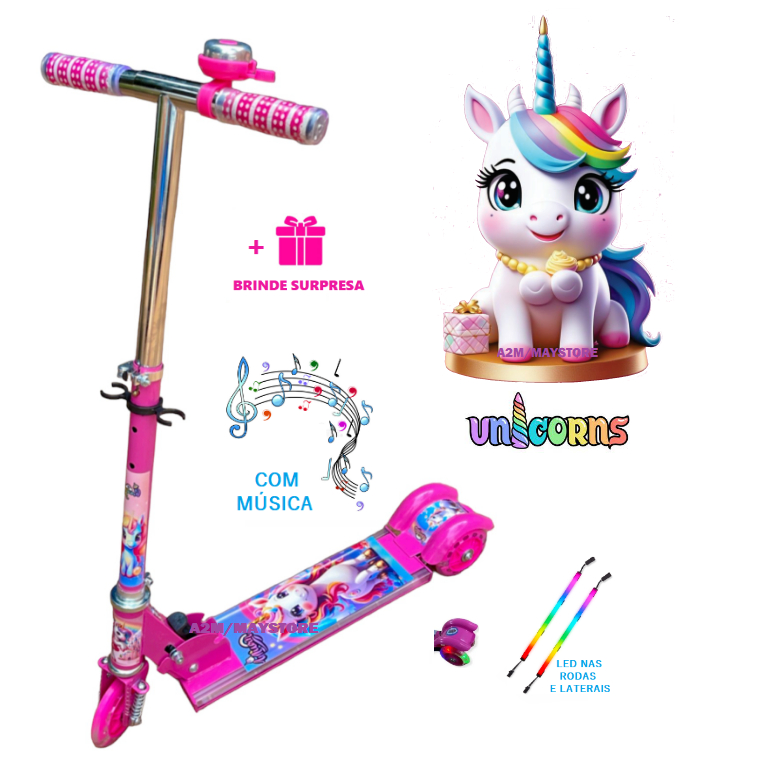 Patinete Infantil de Ferro Musical Unicornio Menina Rosa Led Nas Laterais e Nas 3 Rodas Buzina Freio
