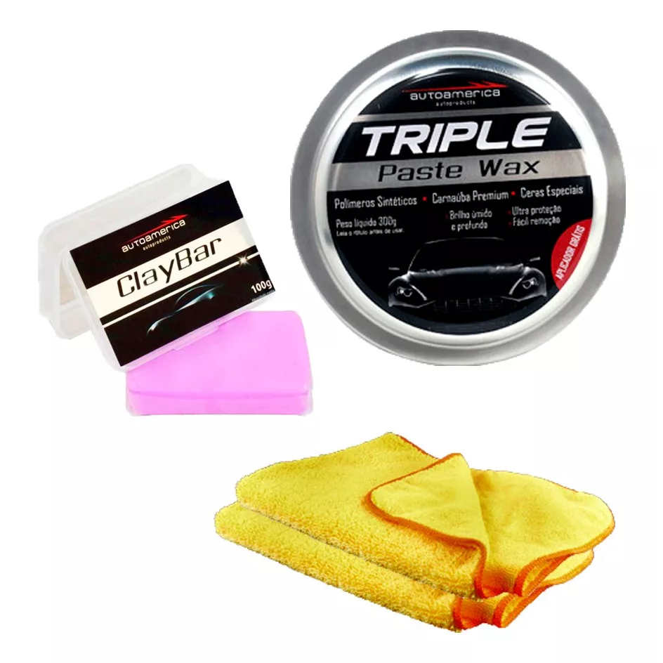 Kit Autoamerica Cera Carnaúba 300g + Claybar + 02 Flanelas