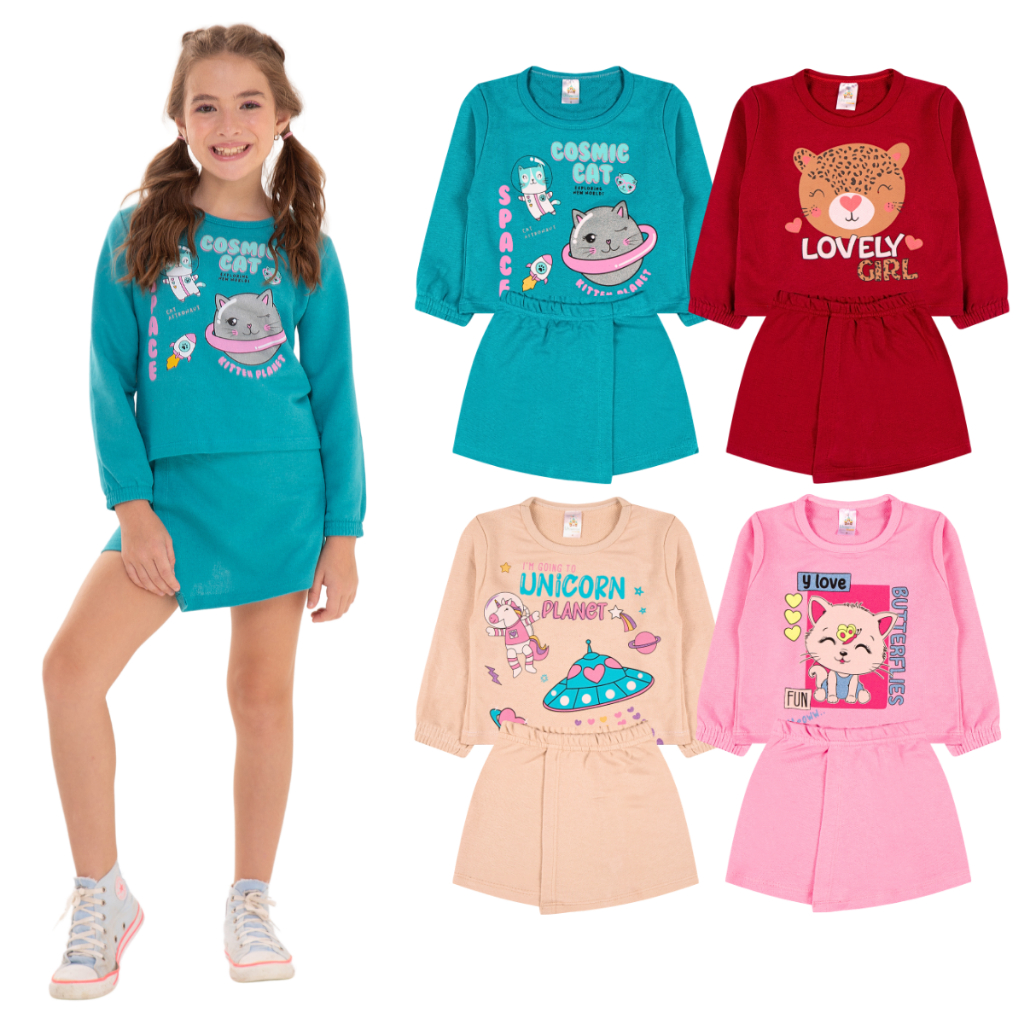 Kit Sortido 4 Peças Menina Short Saia e Cropped Moletinho 100% Algodão ou Kit Sortido 2 Conjunto Menina, Tamanho 2 ao 10 em Oferta na Shopee