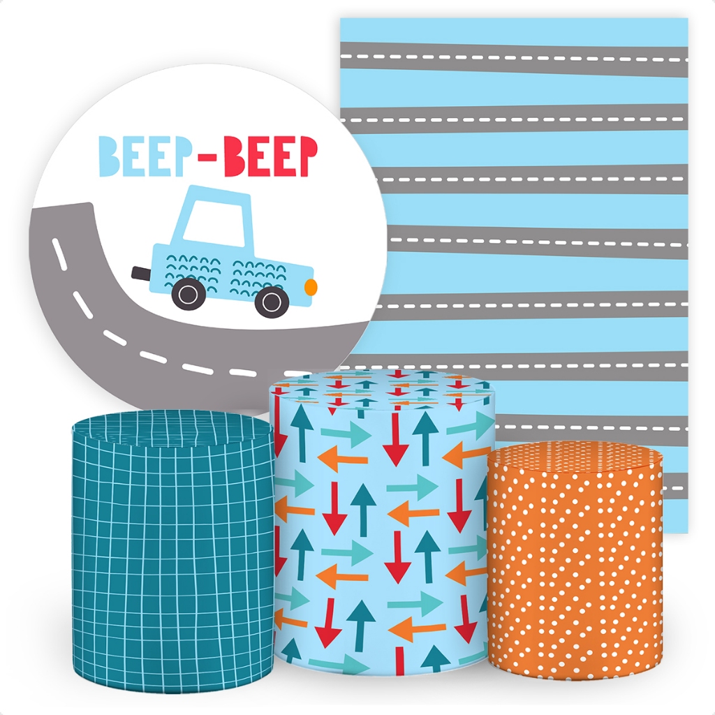 Kit Painel Redondo 1,5m + 3 Capas De Cilindro e Retangular Tecido Carrinhos Transporte Cute SKP-133