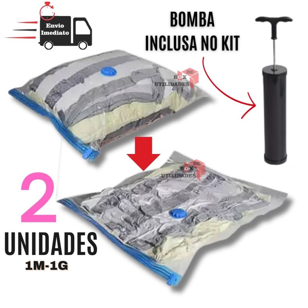Kit 2 Sacos A Vácuo Organizador Com Bomba Manual M G Reutilizável  Organizador Edredom Cobertor Roupa Multiuso Universal