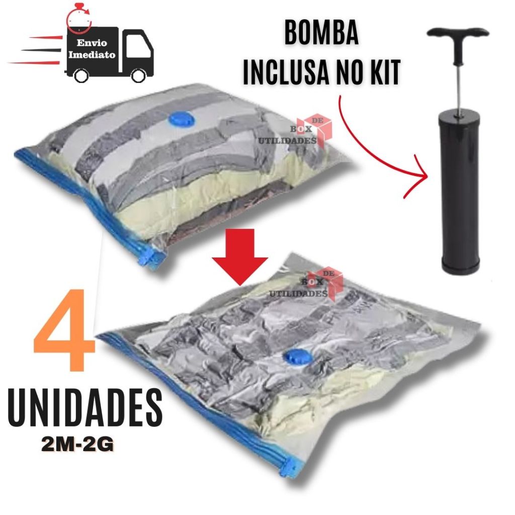 Kit 4 Sacos A Vácuo Organizador Com Bomba Manual M G Reutilizável  Organizador Edredom Cobertor Roupa Multiuso Universal