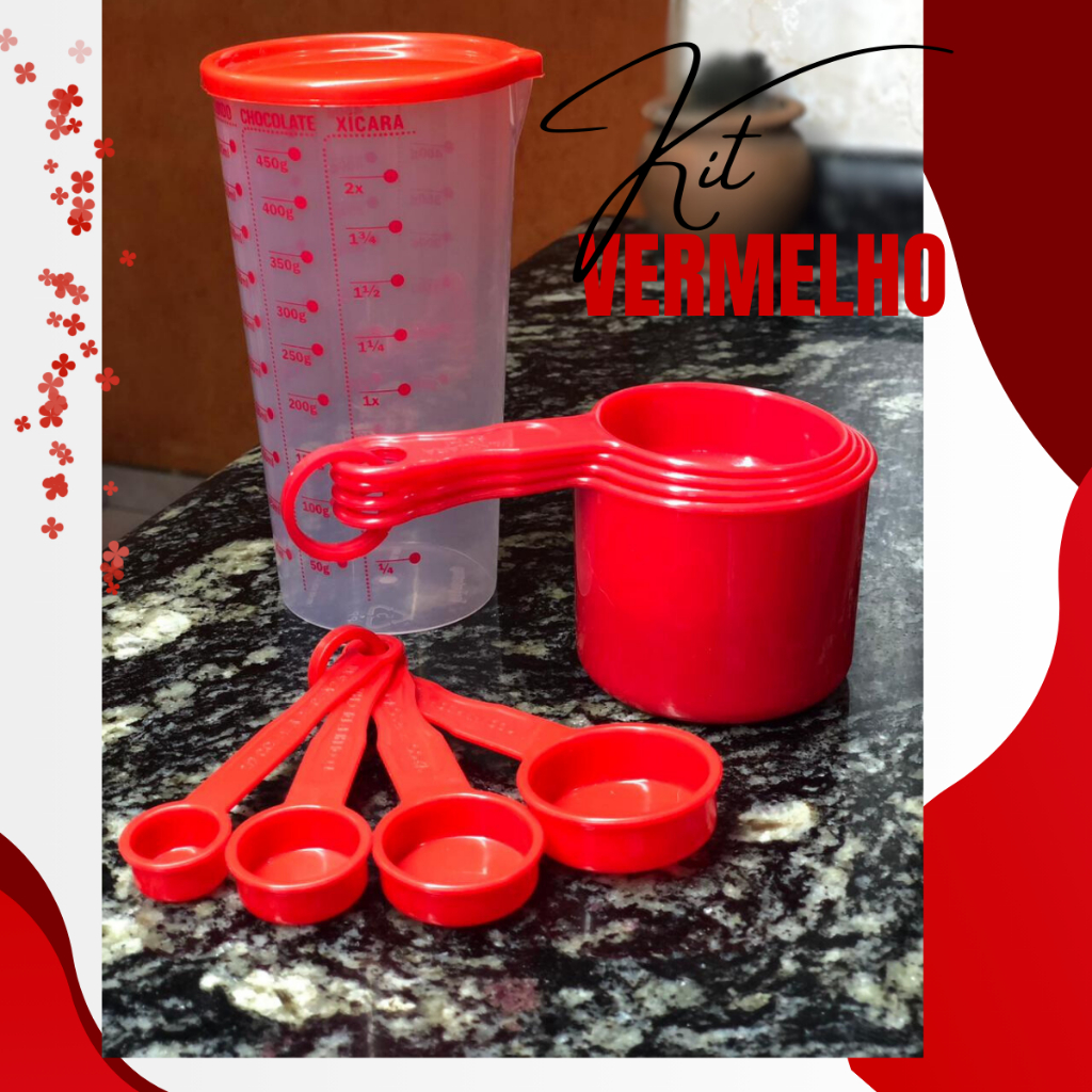 Conjunto Medidores Red 9 peças Copo com tampa Xicaras e Colheres Vermelho para sua receita dar certo