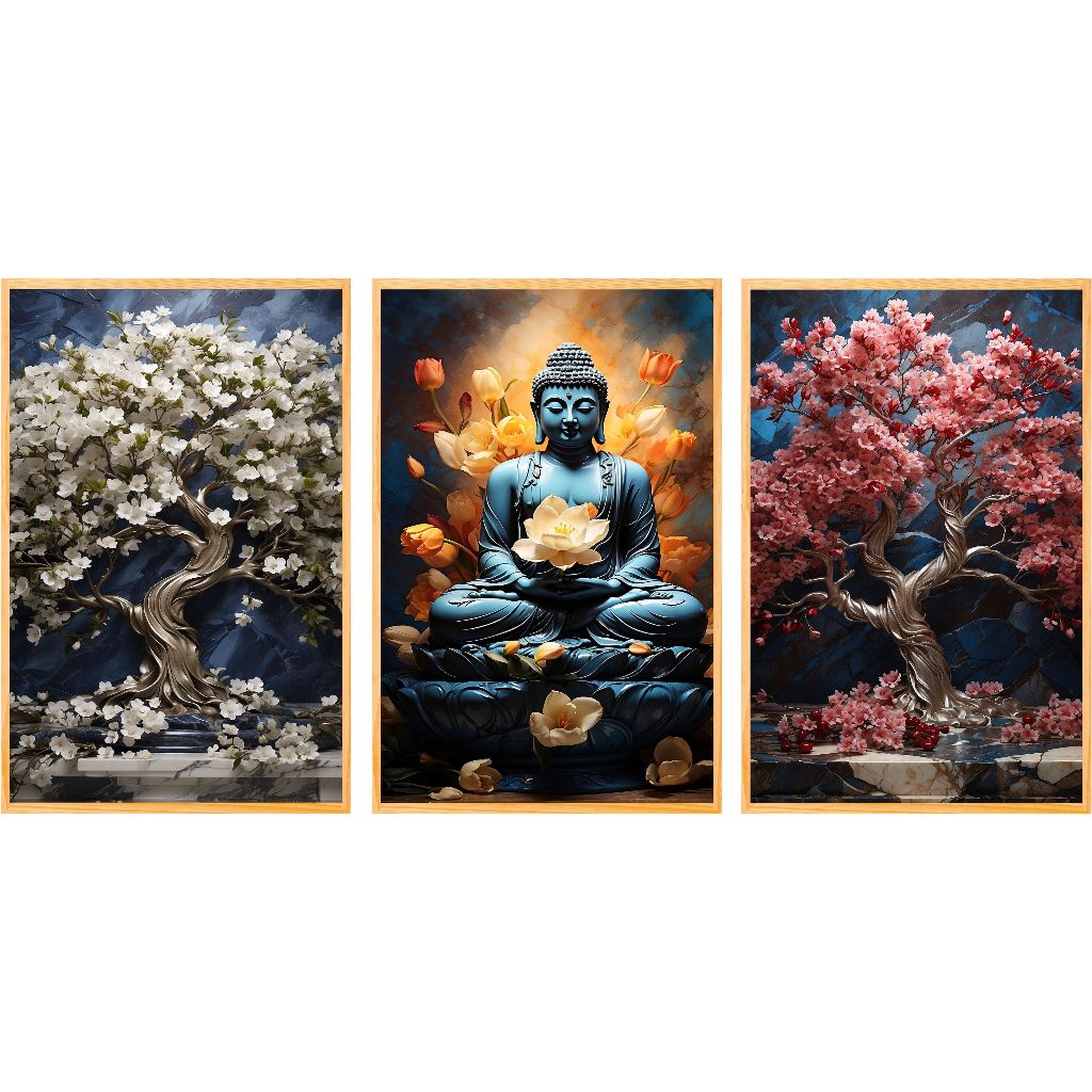 kit quadros decorativos arvores cerejeira buda religiao 3 peças sala decoraçao quarto