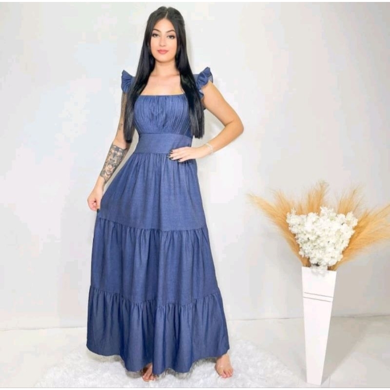 luxo vestido jeans tencel longo babada na manga