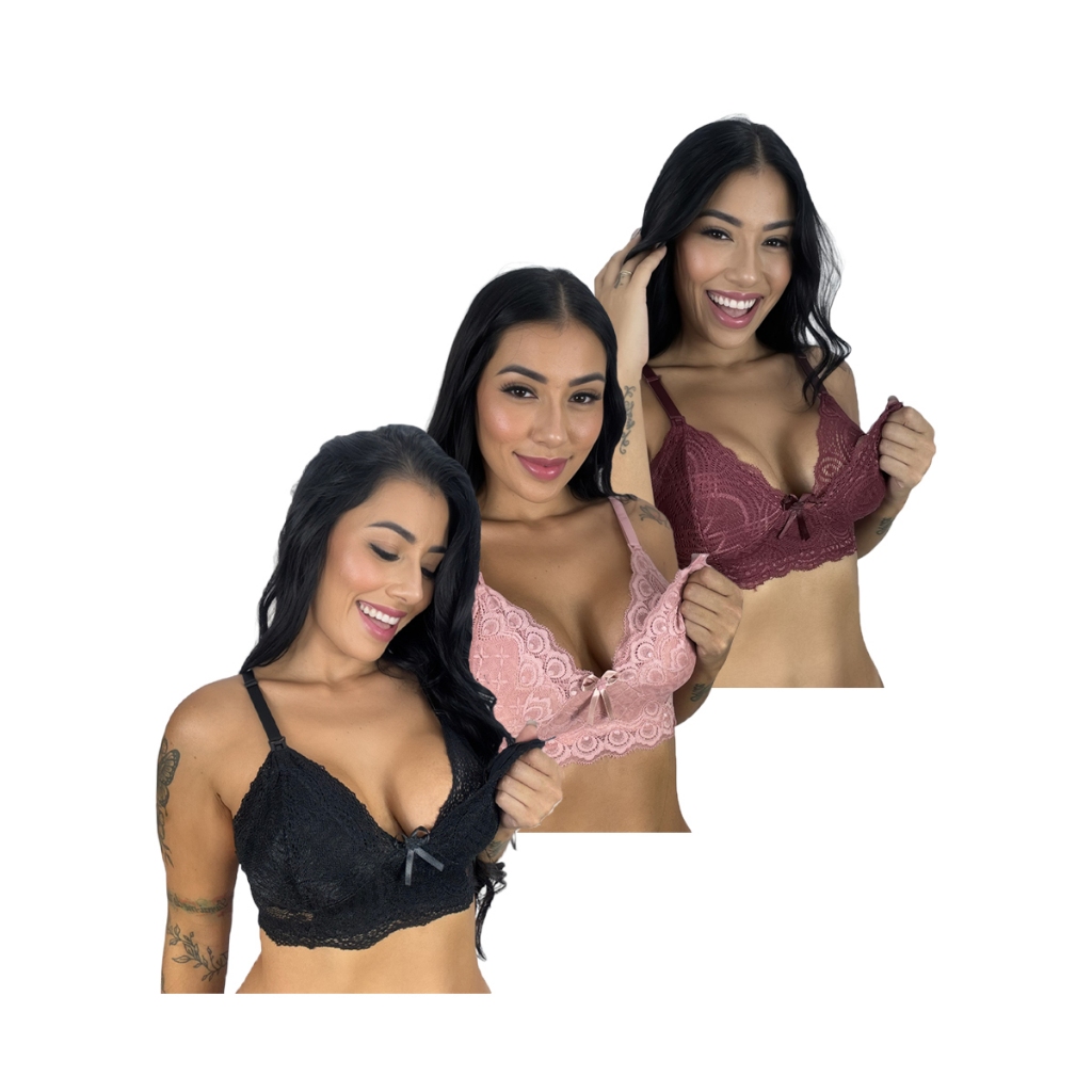 Kit 3 Sutiã de Amamentação Sem Bojo em Renda Gestante Maternidade e Pós Parto em Oferta na Shopee