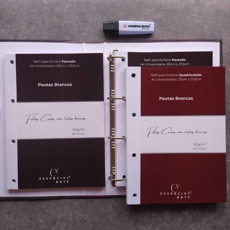 Folha de Fichário com Linhas Brancas ou Linhas Cinzas  200mm x 275mm - 90g/m² c/ 80 Folhas - Essencial Note