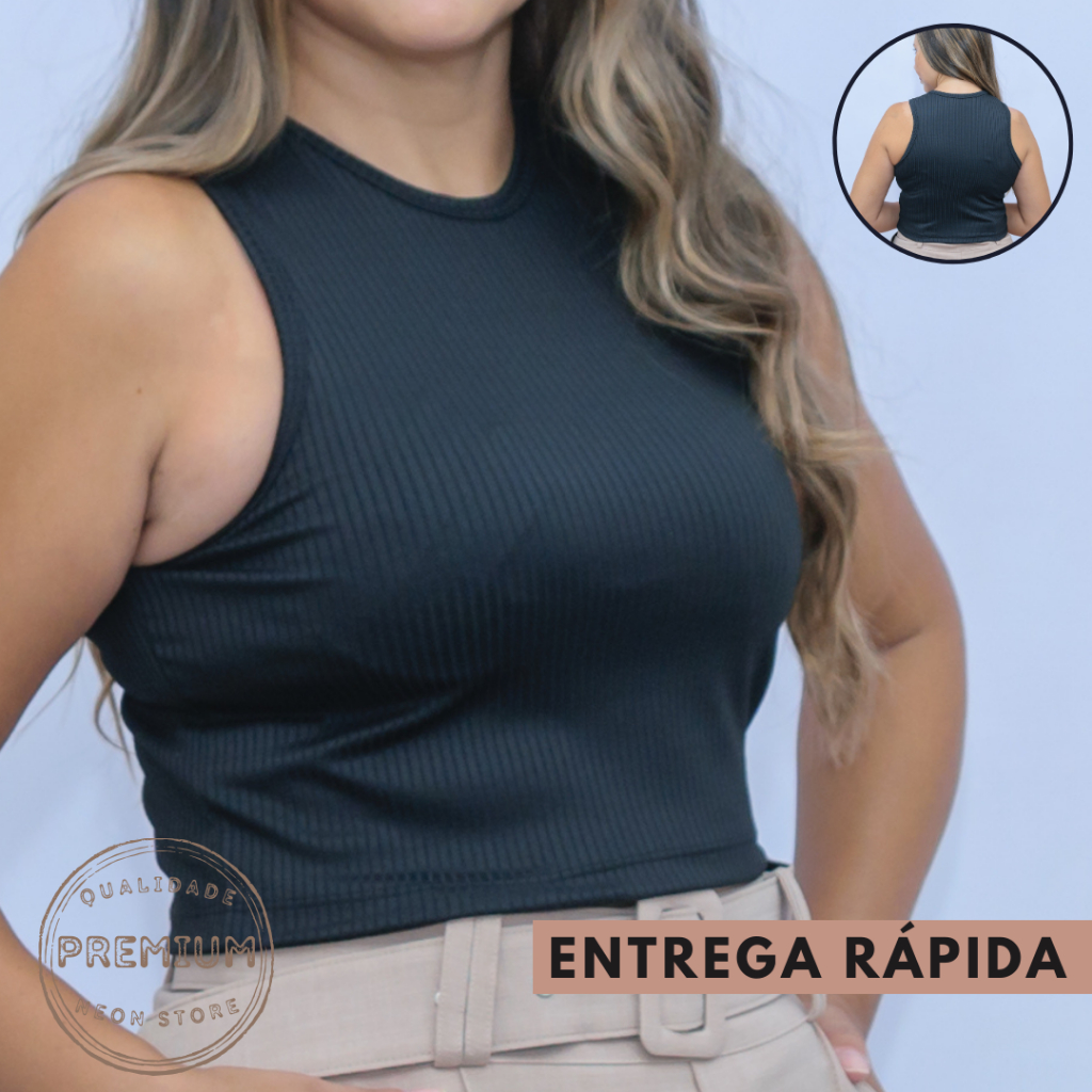 kit 02 cropped blusa regata feminino basico canelado gola redonda sem manga blogueira tendência