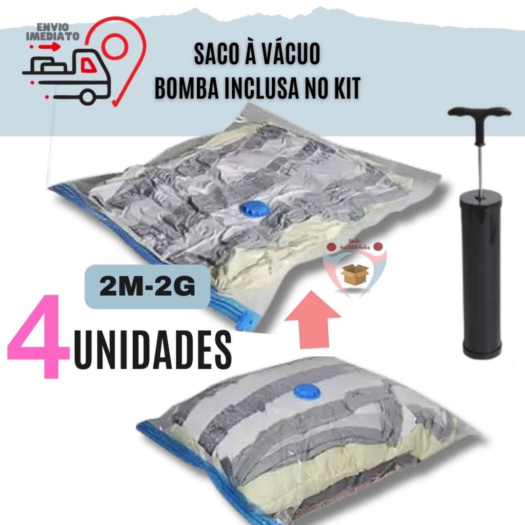 Kit 4 Sacos A Vácuo Organizador Com Bomba Manual M G Reutilizável  Organizador Edredom Cobertor Roupa Multiuso Universal