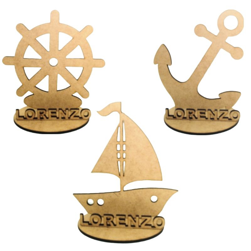 kit 10 ou 15 Centro de Mesa Náutico  Barco, Âncora e Timoneiro C/Nome Personalizado MDF Alt 14cm