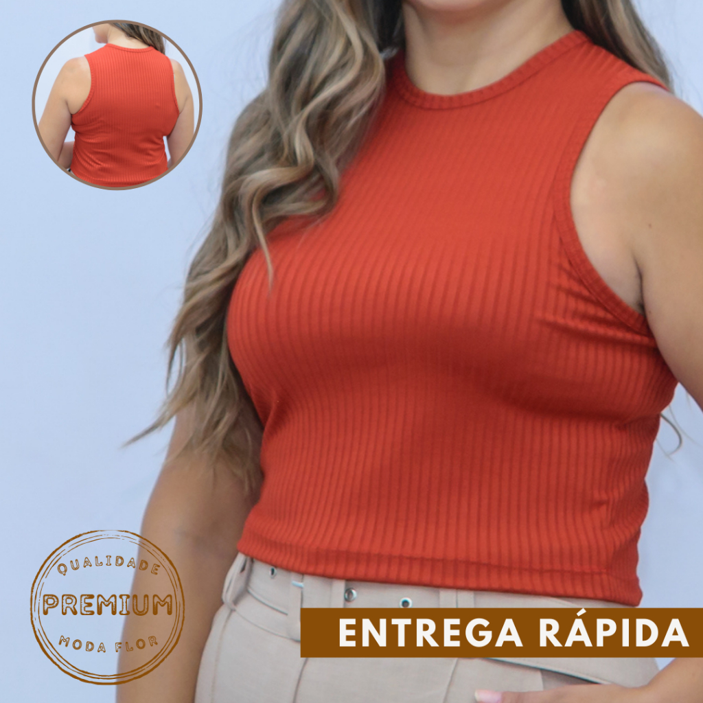 Kit 04 cropped regata blusa feminino basico canelado gola redonda sem manga blogueira tendência