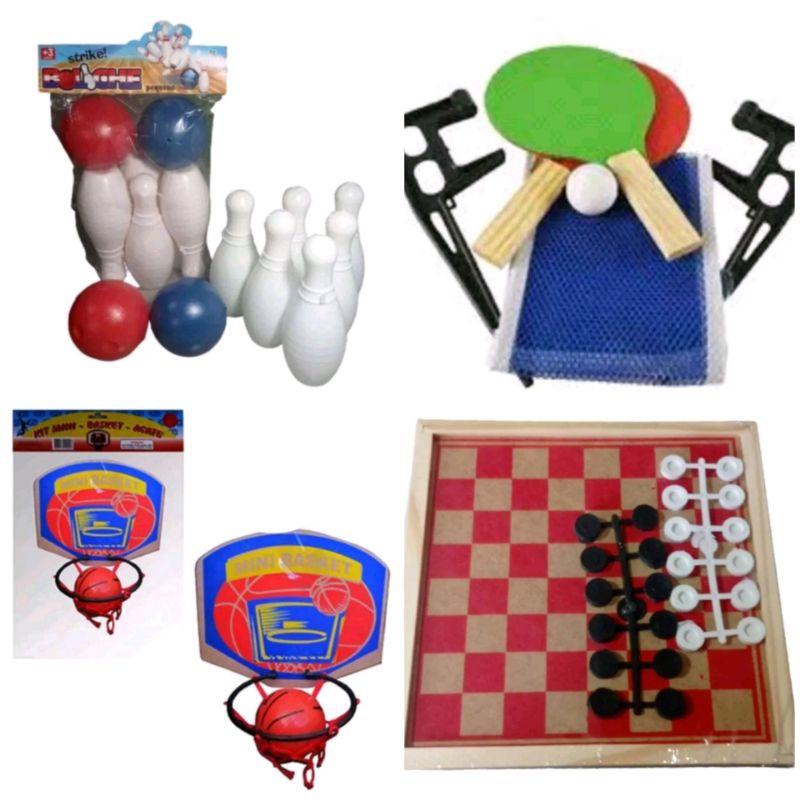 Kit 4 BRINQUEDOS SENDO Jogo De Basquete Mini Basket Com Tabela Cesta E Bola+REDE DE TENIS DE MESA E 2 RAQUETE  PING PONG+Mini Boliche Infantil 6 pinos 16 cm  e duas bolas+JOGO DE DAMA 28X28