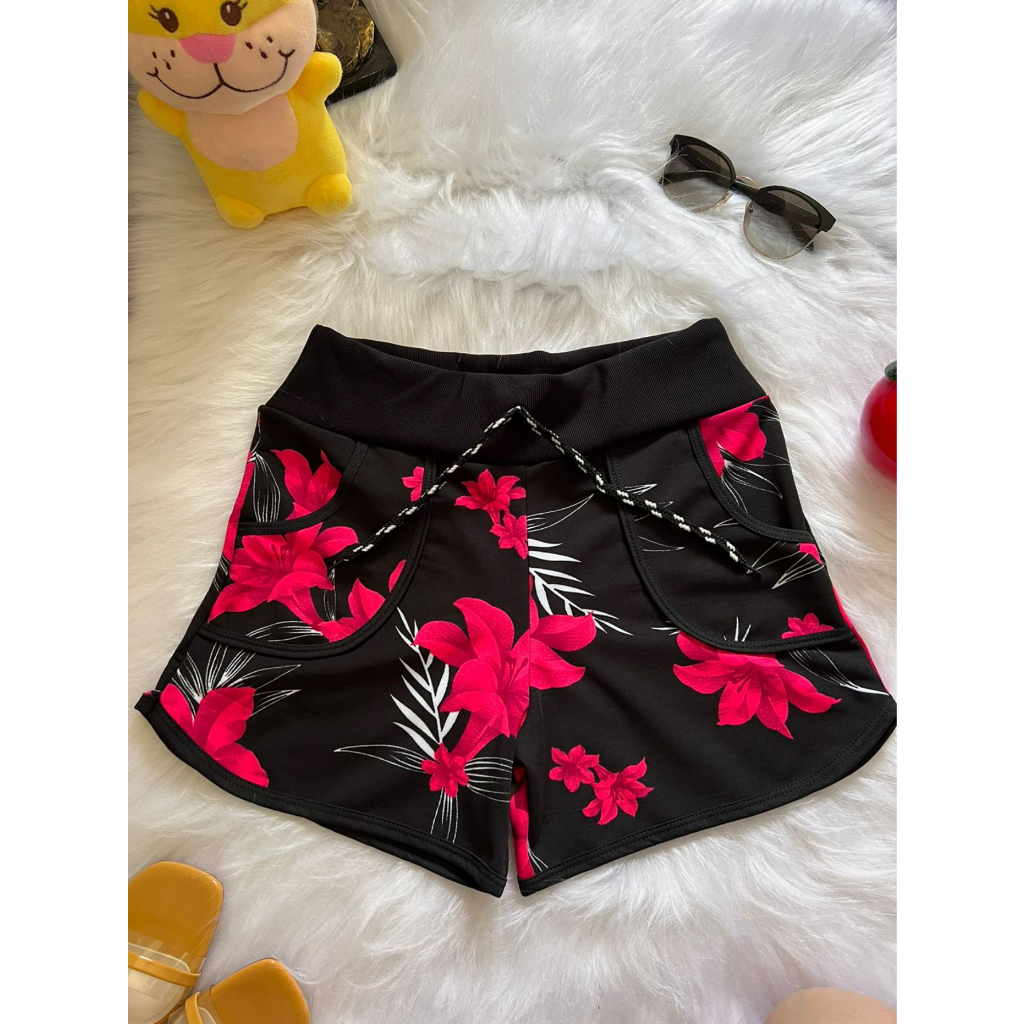 Short feminina com estampa multicolorido de flores em Oferta na Shopee