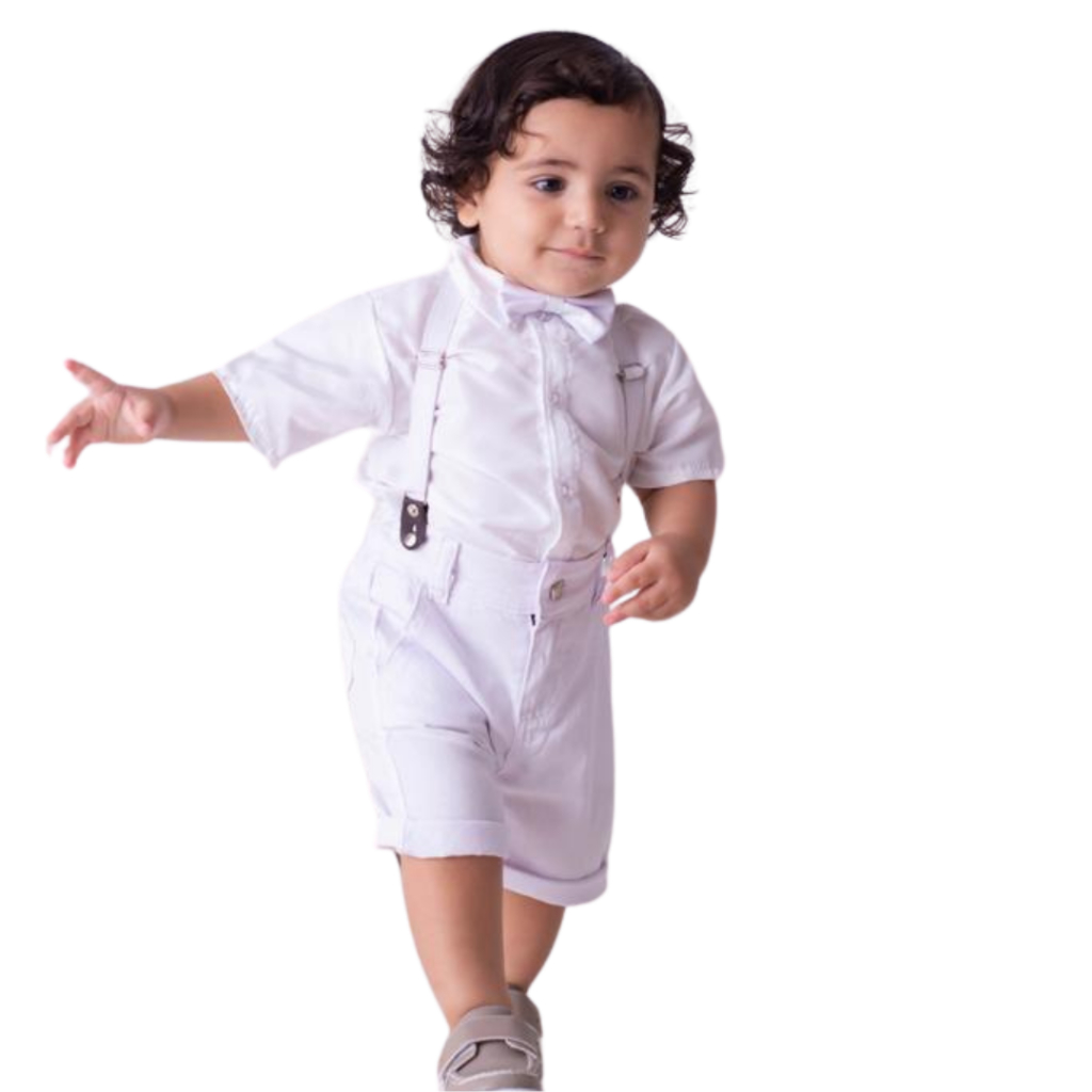 Conjunto Social Bebê Batizado Menino Conjunto Kit 4 Peças Camisa Bermuda Gravata Suspensório festa