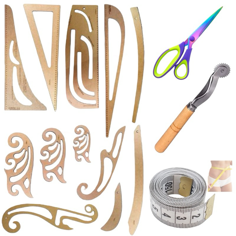 kit Modelagem Costura Profissional 12 réguas Tesoura Titanium fita métrica Carretilha Marcar Tecido pachwork br