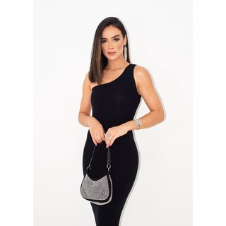 VESTIDO FEMININO CANELADO ELEGANTE UM OMBRO CHIQUE NOITE