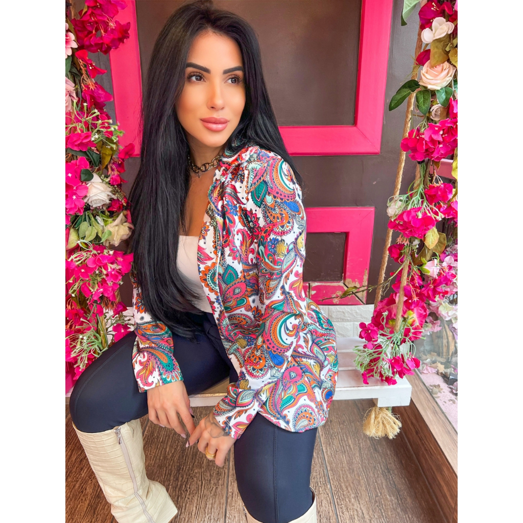 BLAZER MAX ESTAMPADO neoprene terninho feminino alongado casaco slim escritório social gola dupla gringa